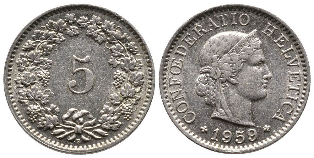 ШВЕЙЦАРИЯ 5 РАППЕНОВ 1959 В KM 26 медно-никель 75-1412