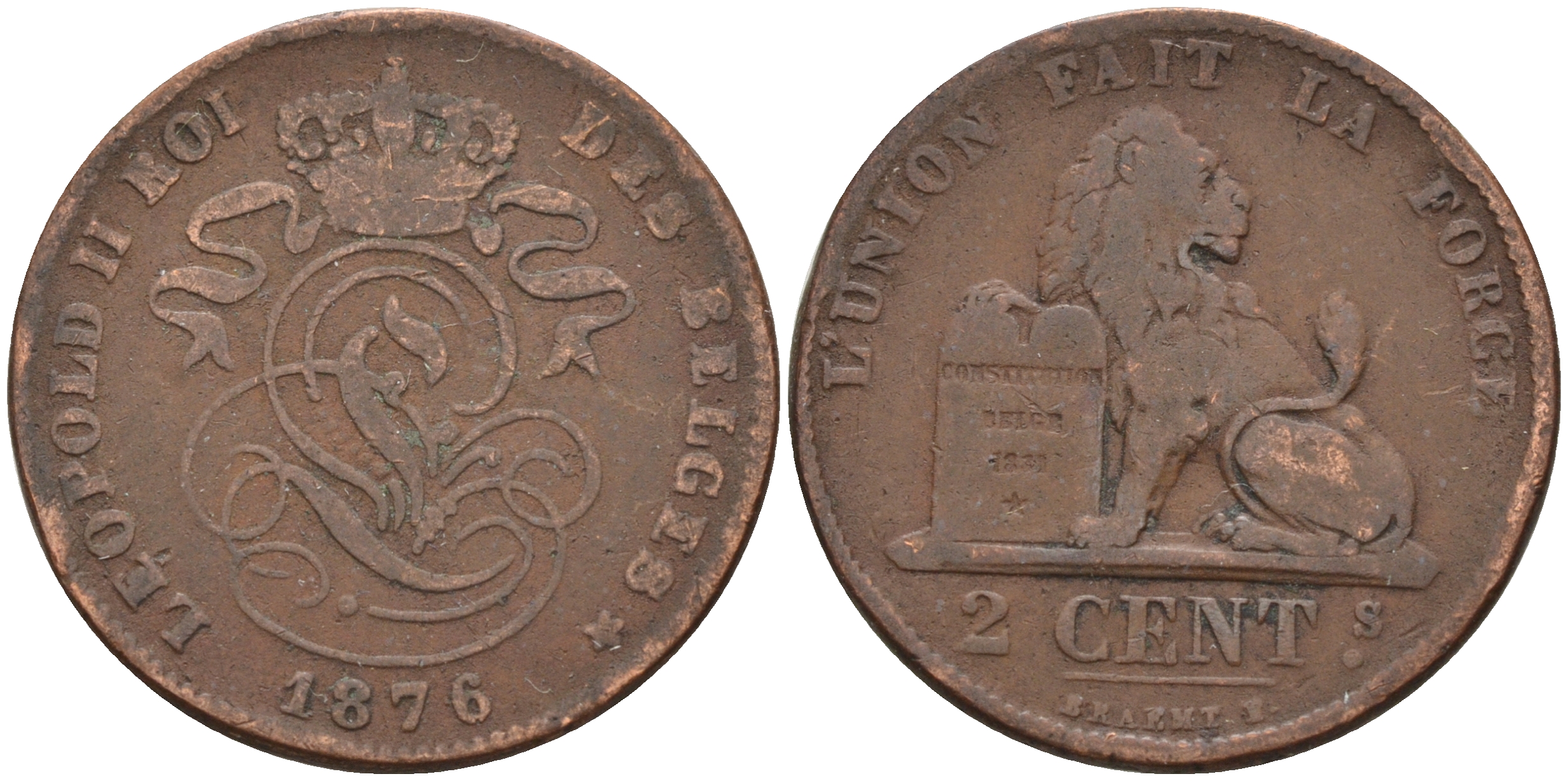 Бельгия 2 сантима 1876 Belges, Леопольд II (1865-1909) KM 35.1 медь 4595-221