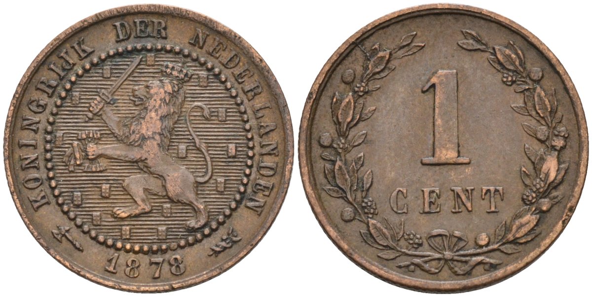 Нидерланды 1 цент 1878 Виллем III (1849-1890) KM 107 бронза 4576-548