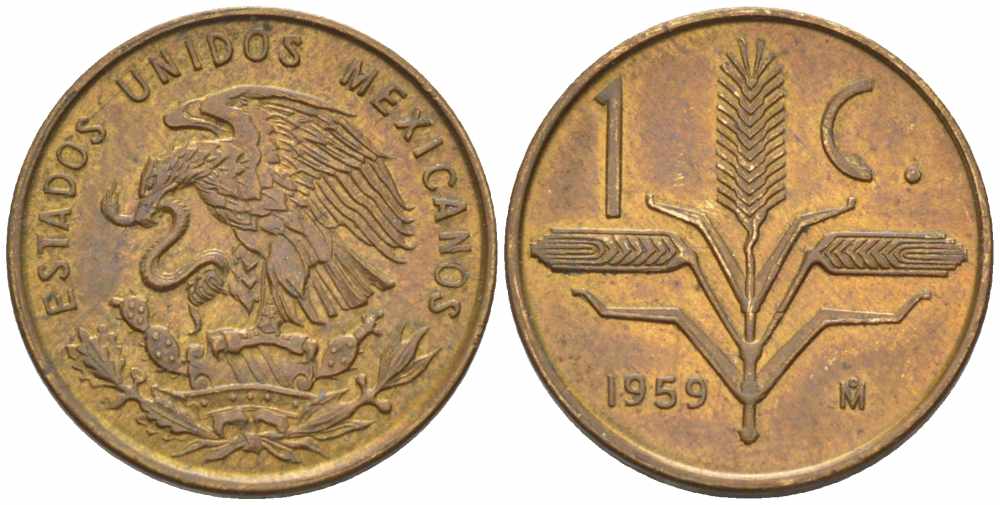 МЕКСИКА 1 СЕНТАВО 1959 KM 417 латунь 105-721