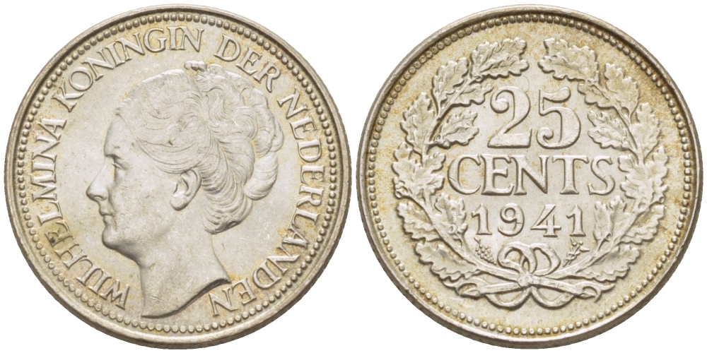 Нидерланды 25 центов 1941 Вильгельмина (1890-1948) KM 164 серебро aUNC 66-1149