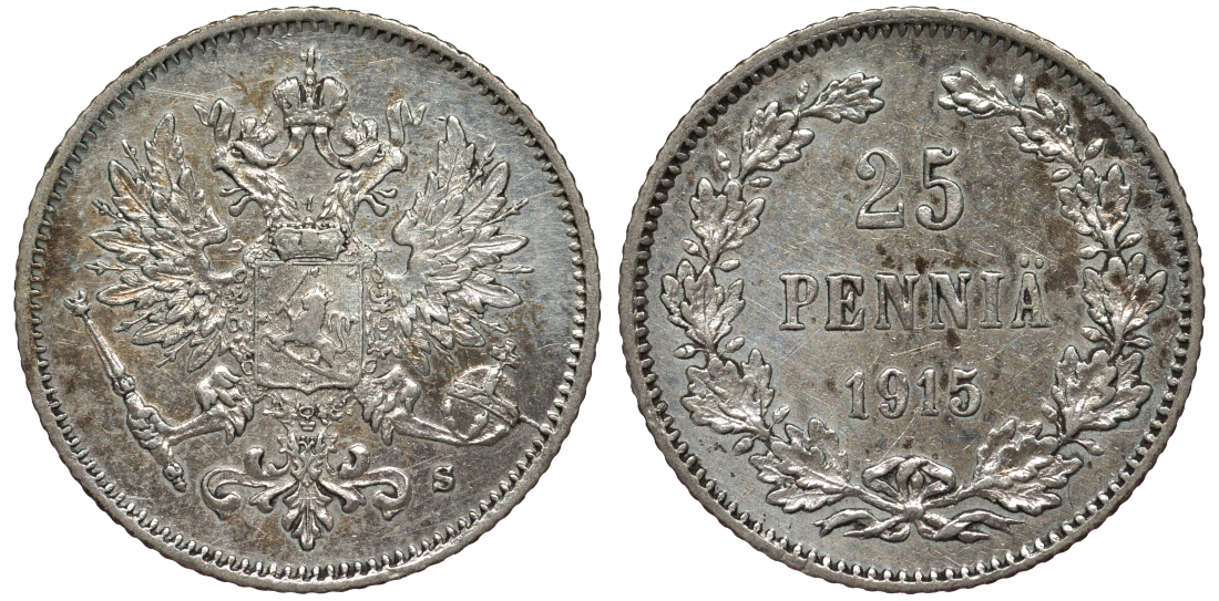 Россия для Финляндии 25 пенни 1915 S, Николай II (1894-1917) KM 6.2, Биткин 420 серебро 75-1162