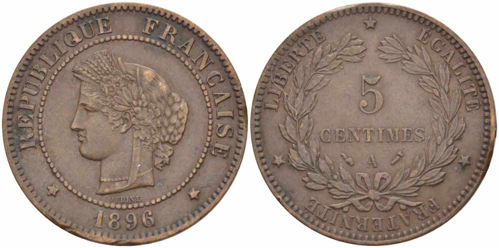 ФРАНЦИЯ 5 САНТИМОВ 1896 A, ТРЕТЬЯ РЕСПУБЛИКА (1871-1940) KM 821.1, LE FRANC 118.38 бронза 108-744