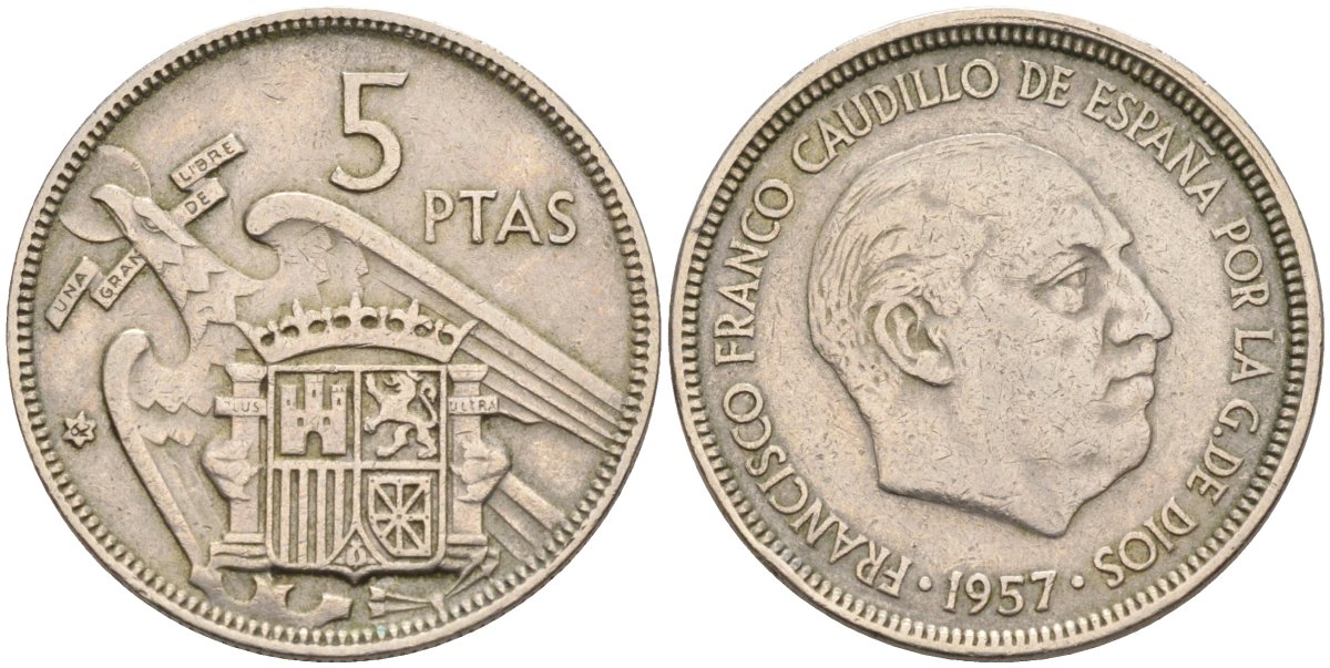Испания 5 песет 1957(62) Франциско Франко (1939-1975) KM 786 медно-никель 4583-1212