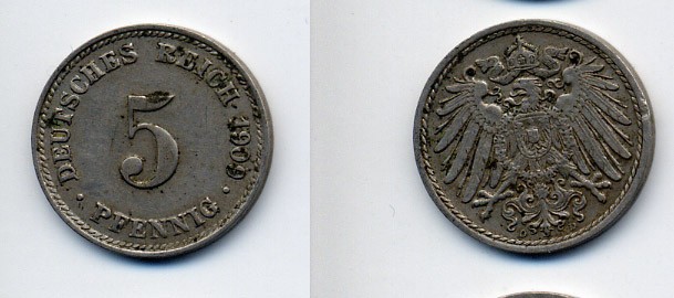 ГЕРМАНИЯ 5 ПФЕННИГОВ 1909 D, KM 11, J. 12 медно-никель 76-244