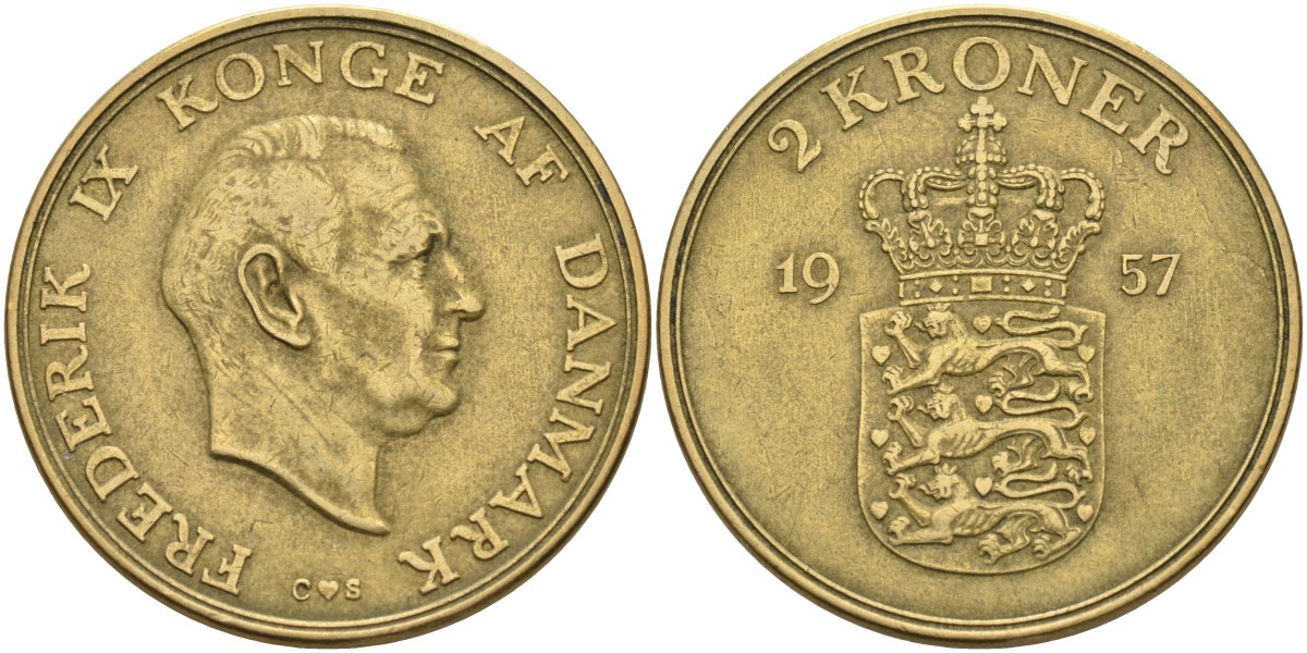 Дания 2 кроны 1957 Фредерик IX (1947-1972) KM 838 алюминиевая бронза 4578-322