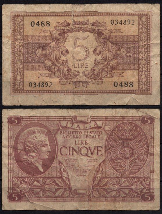 Италия 5 лир 1944 Pick 31 b бумага 2195-23-3-2