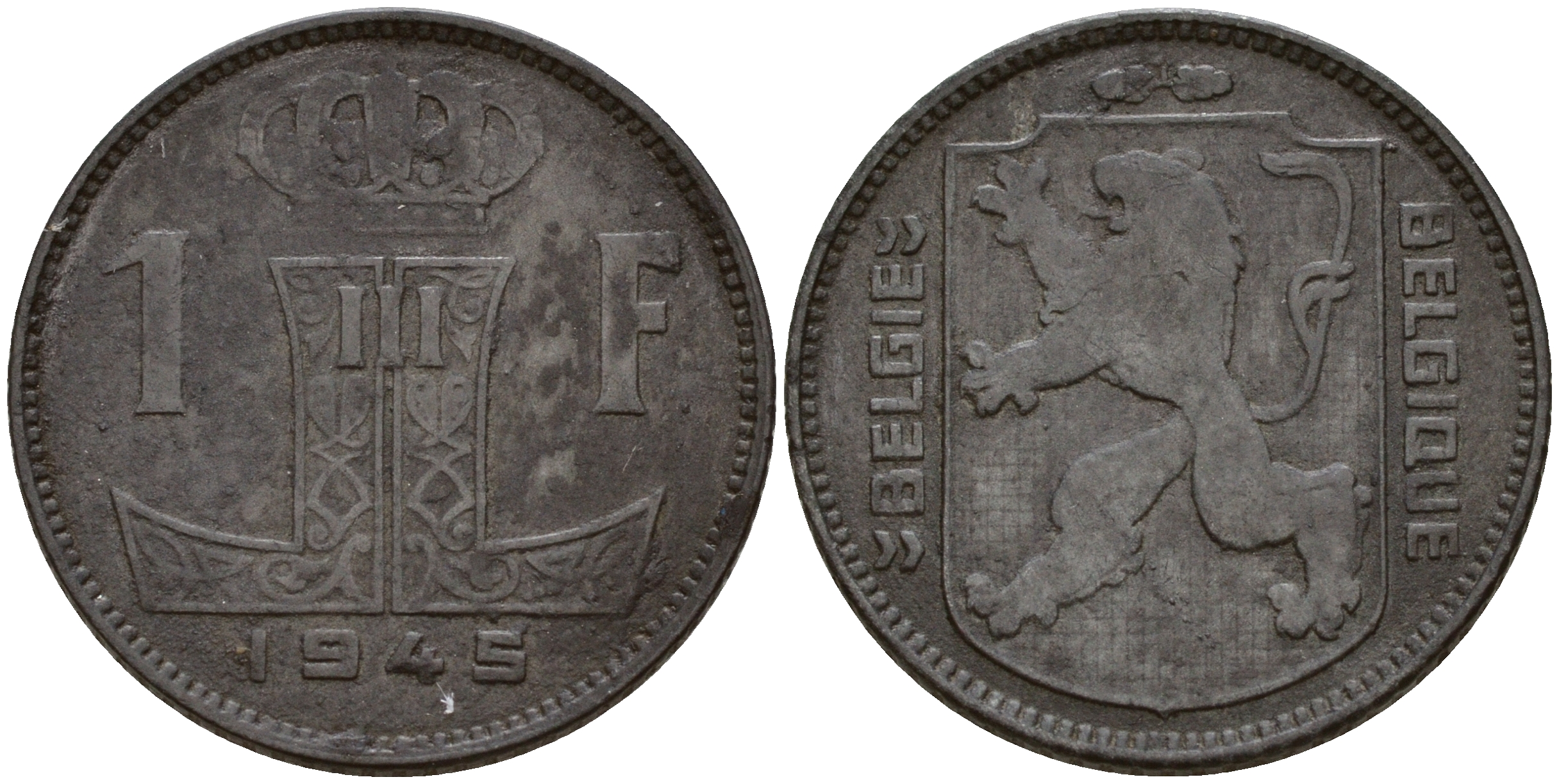 Бельгия 1 франк 1945 Belgie-Belgique KM 128 цинк    4187-146