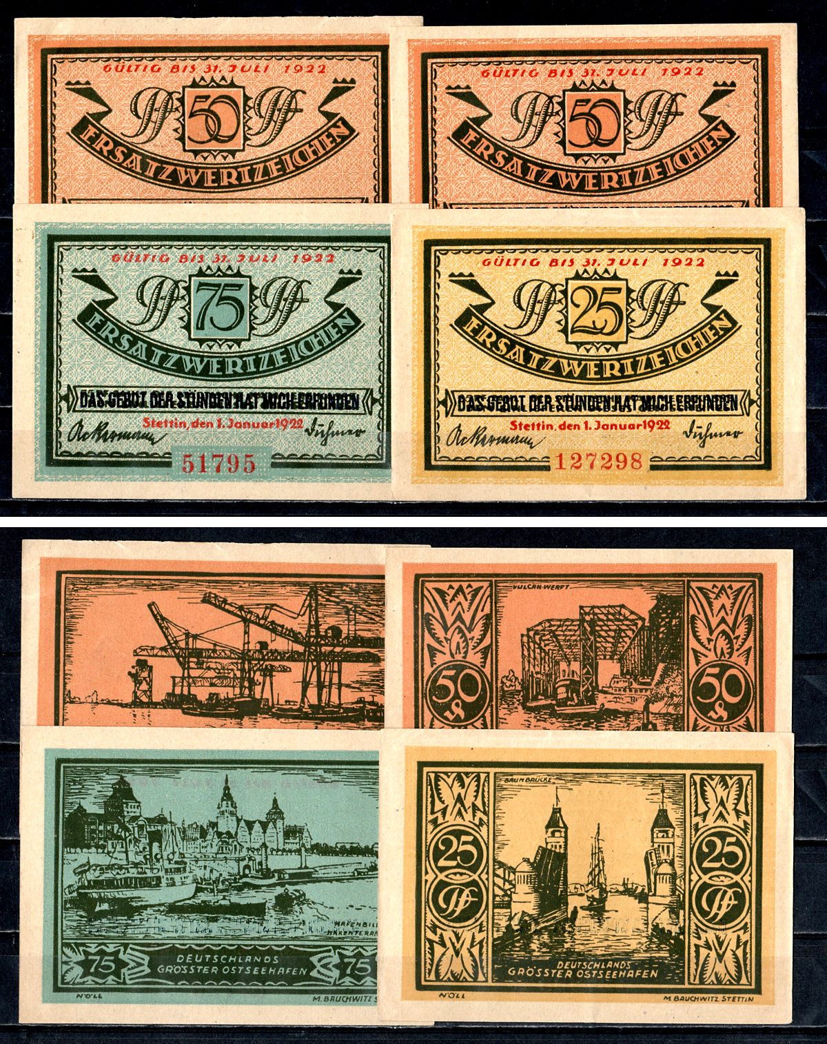 Штеттин (Пруссия, Померания) полный набор из 4 нотгельдов (25, 50 и 75 пфеннигов) 1921 Mehl Grabowski 1270.1 бумага UNC (пресс) 7556-57-4-2