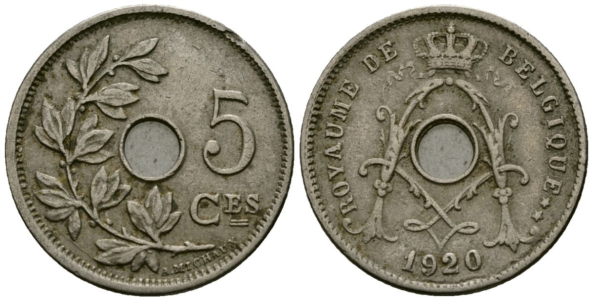 Бельгия 5 сантимов 1920 Belgique KM 66 медно-никель 4173-449
