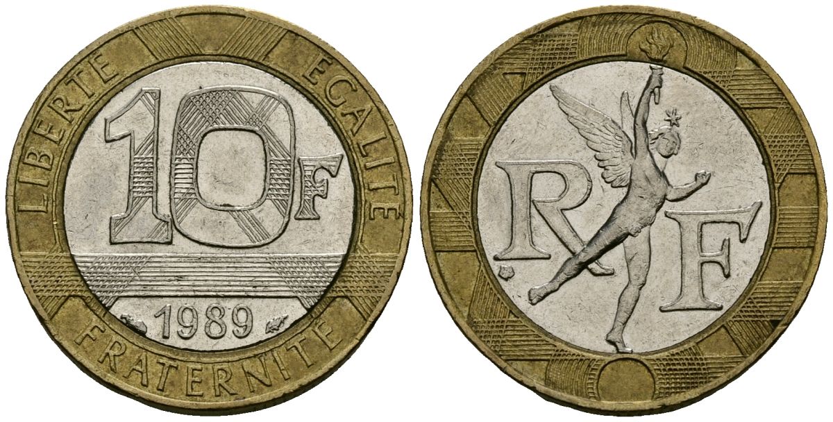 Франция 10 франков 1989 тип гений Бастилии KM 964.1, Le Franc 375.3 биметалл 4135-534