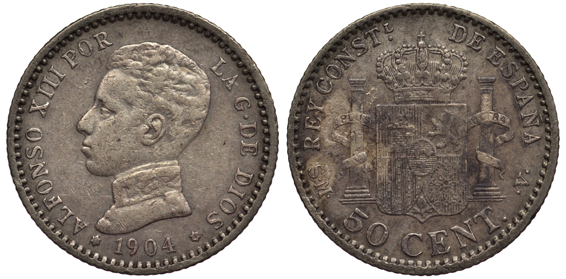 ИСПАНИЯ 50 СЕНТИМО 1904 (04) S.M-V АЛЬФОНСО VIII KM 723 серебро 1521-121