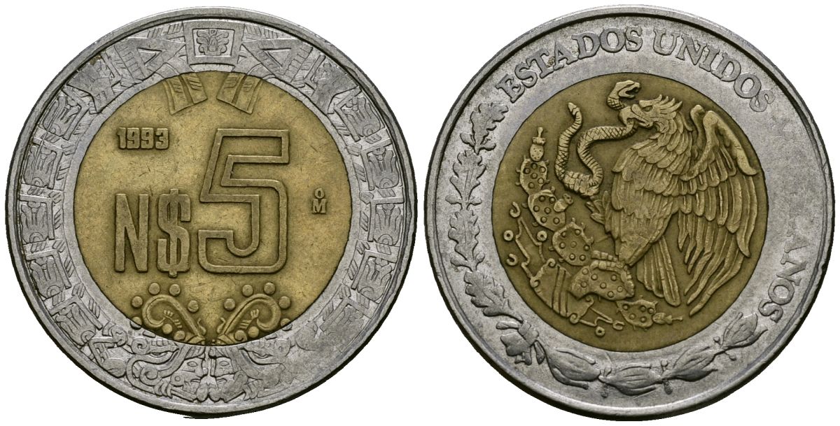Мексика 5 новых песо 1993 Мо KM 552 биметалл 4167-524
