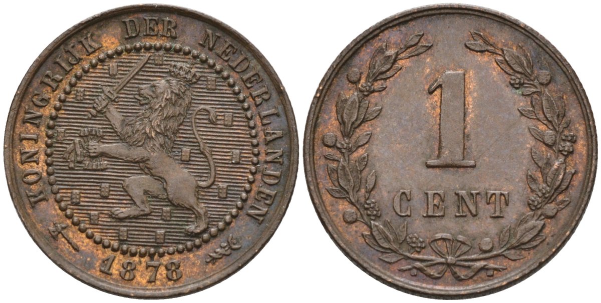 Нидерланды 1 цент 1878 Виллем III (1849-1890) KM 107 бронза 4576-549