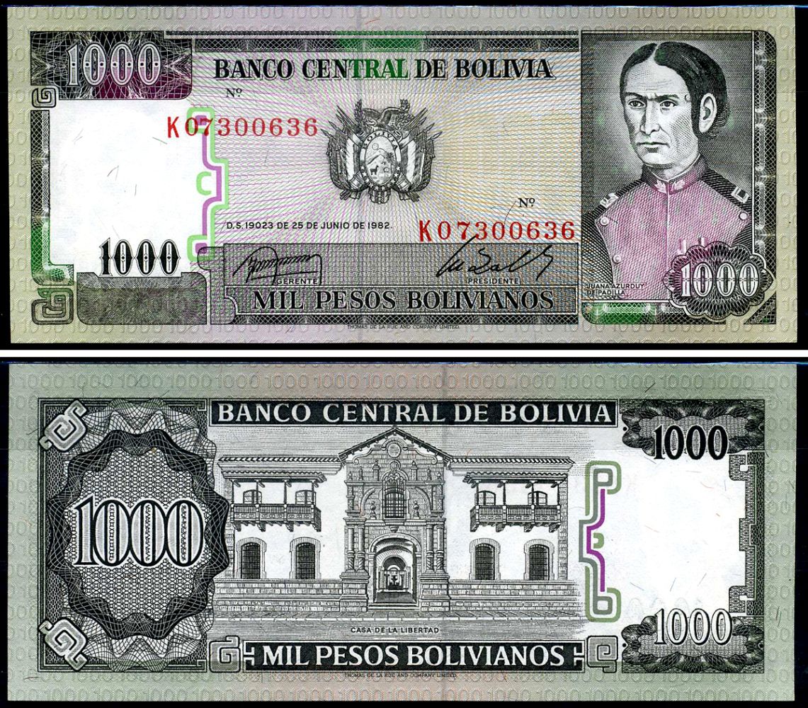 Боливия 1000 песо боливиано 1982 Хуана Асурдуй де Падилья Pick 167 a (3) бумага UNC (пресс) 7183-20-2-2
