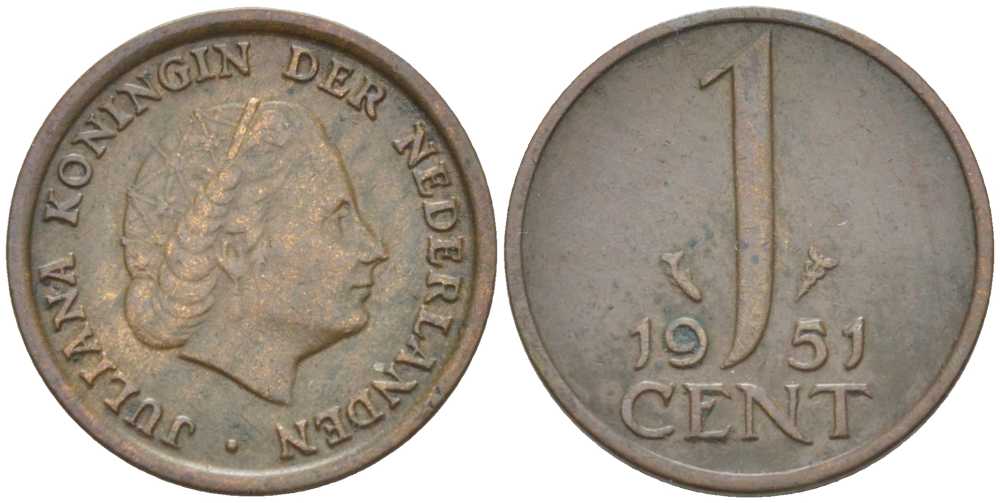 Нидерланды 1 цент 1951 Юлиана (1948-1980) КМ 180 бронза 214-1024