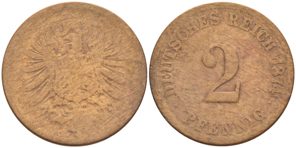 ГЕРМАНИЯ 2 ПФЕННИГА 1874 СТАРОГЕРБОВКА KM 2, J.2 медь 4396-1547