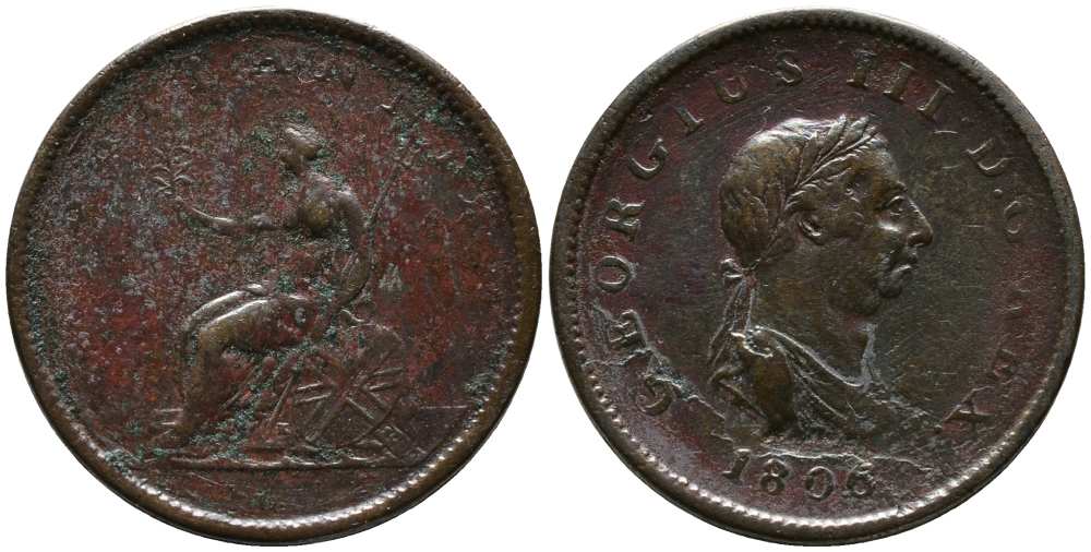 Великобритания 1/2 пенни 1806 Георг III (1760-1820) KM 662, Spink 3781 медь 1518-911
