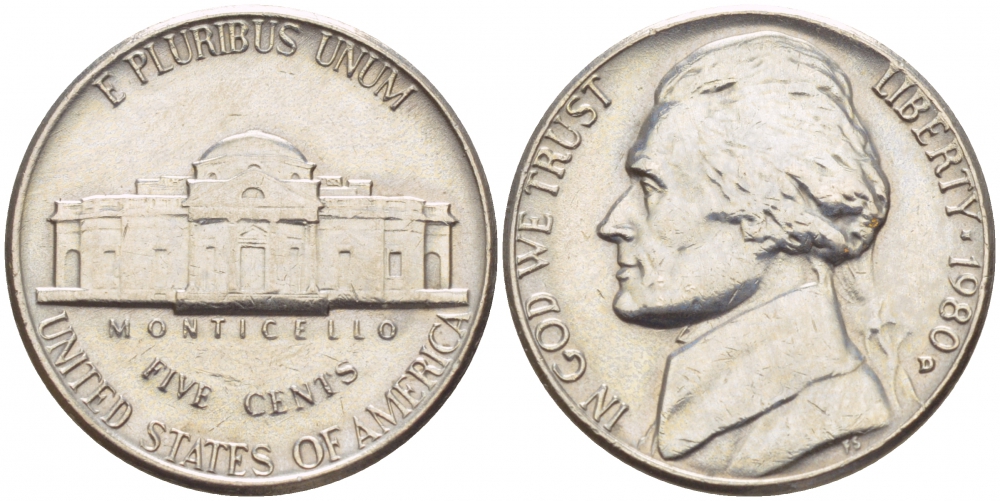 США 5 ЦЕНТОВ 1980 D, ДЖЕФЕРСОН KM А192 медно-никель 4546-1153