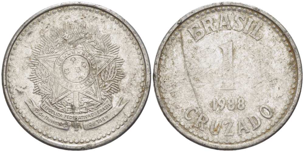 Бразилия 1 крузадо 1988 KM 605 нержавеющая сталь 217-615