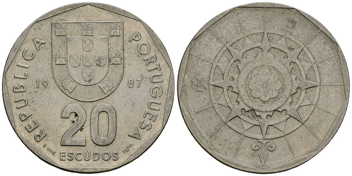 Португалия 20 эскудо 1987 KM 634 медно-никель 4120-1015