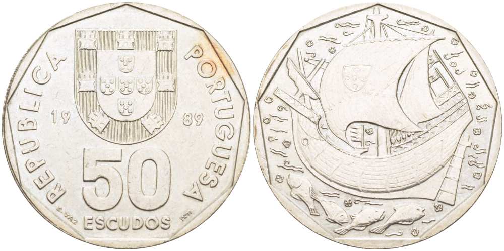 ПОРТУГАЛИЯ 50 ЭСКУДО 1989 ПАРУСНИК KM 636 медно-никель XF+ 4517-342