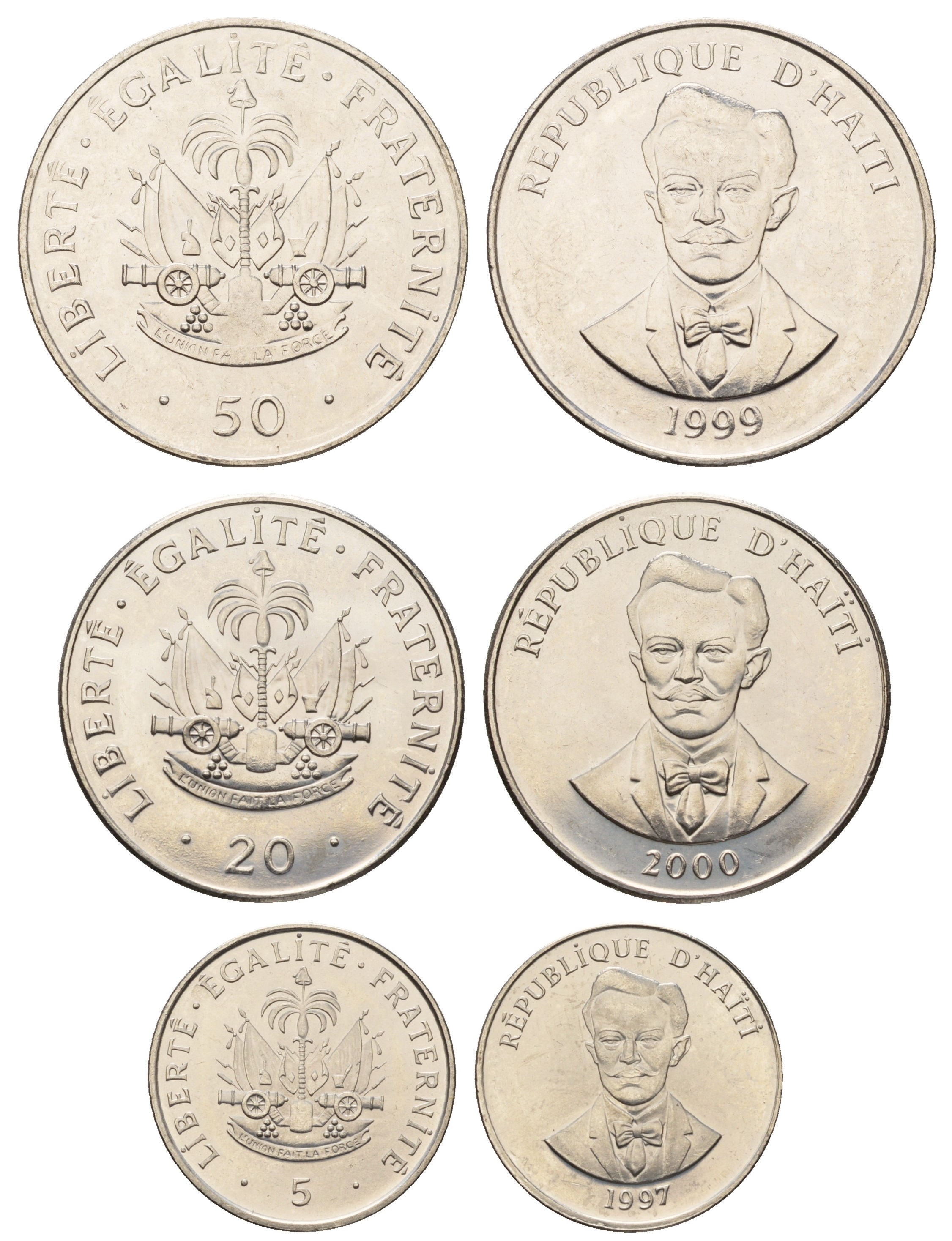 Гаити лот из 3 монет 1997-2000 (5, 20, 50 сантимов), в холдерах, Шарлемань Перальт KM 154а, 152а, 153а никелированная сталь UNC 4680-314-316