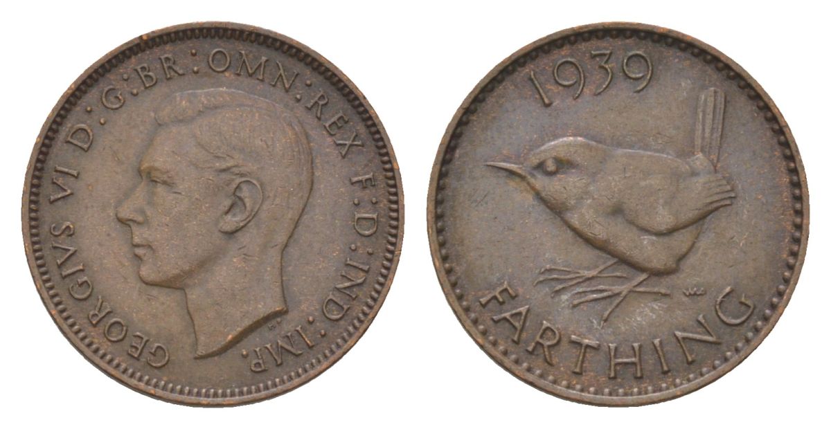 Великобритания 1 фартинг 1939 Георг VI (1936-1952) KM 843, Spink 4116 бронза 4627-821