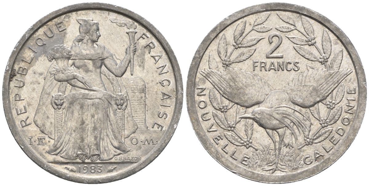 Французская Новая Каледония 2 франка 1983 птица кагу, (IEOM) KM 14, Schoen 11, Lec 63 алюминий    08-1114