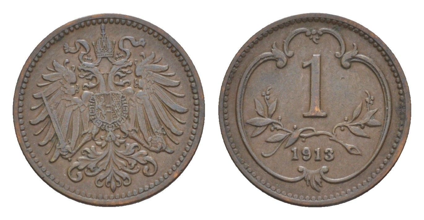 Австрия 1 геллер 1913 Франц Иосиф I (1848-1916) KM 2800 бронза 4639-962