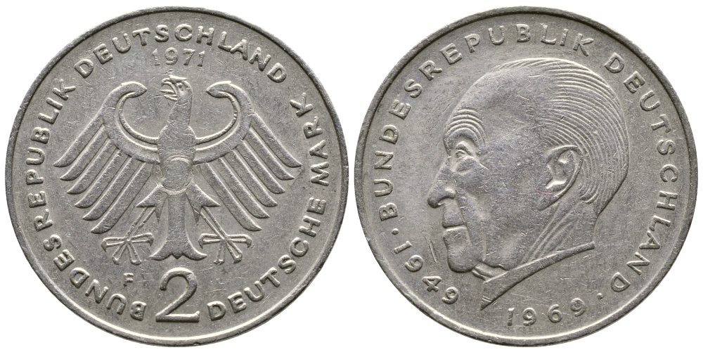 ФРГ 2 МАРКИ 1971 F, КОНРАД АДЕНАУЭР KM 124, J. 406 медно-никель плакированный никелем 47-811