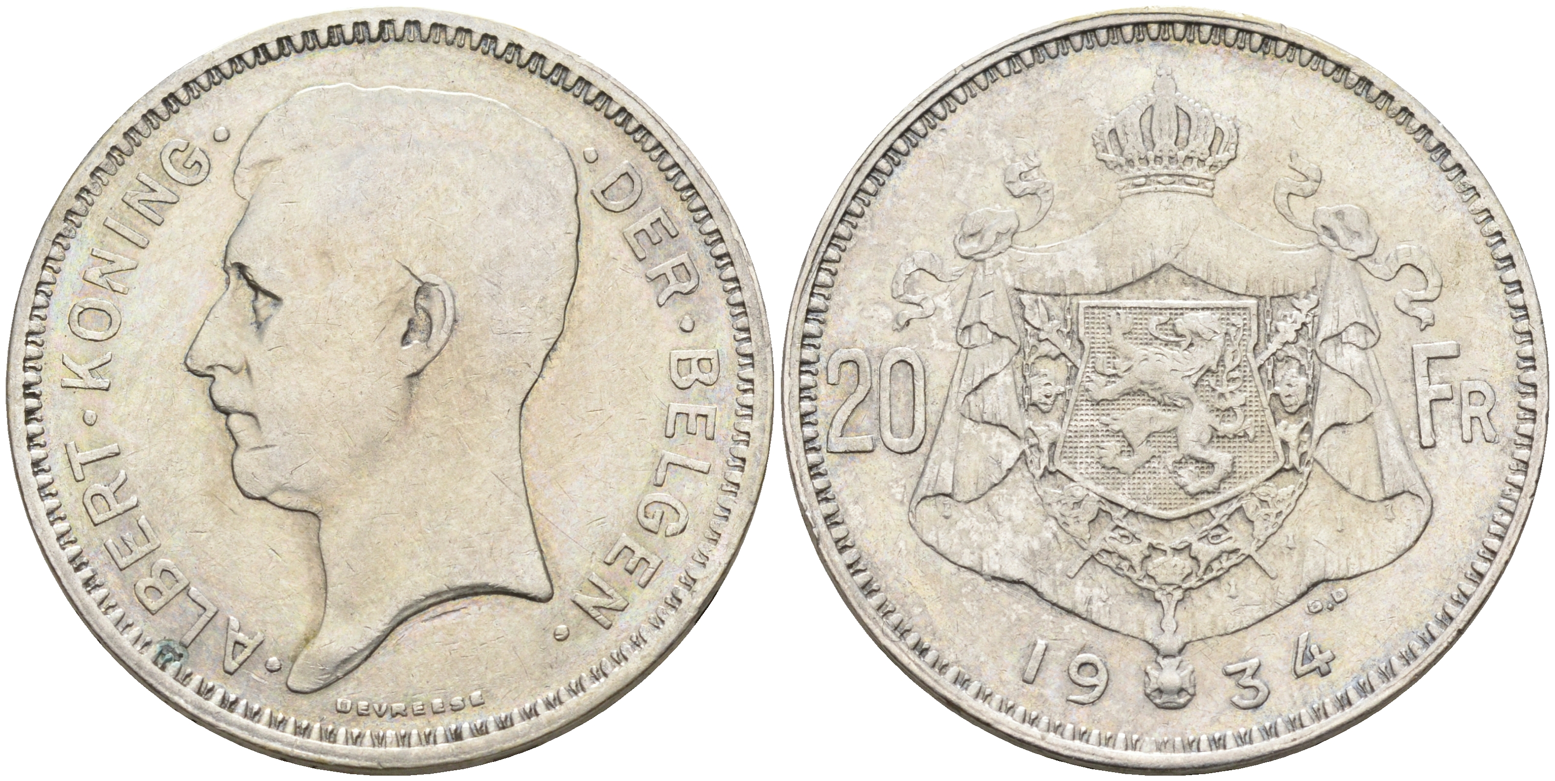 Бельгия 20 франков 1934 Альберт I (1909-1934), Der Belgen KM 104.1 серебро    4117-134