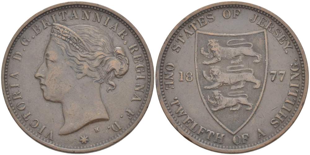 Джерси 1/12 шиллинга 1877 H, Виктория (1837-1901) KM 8 бронза 4517-1021