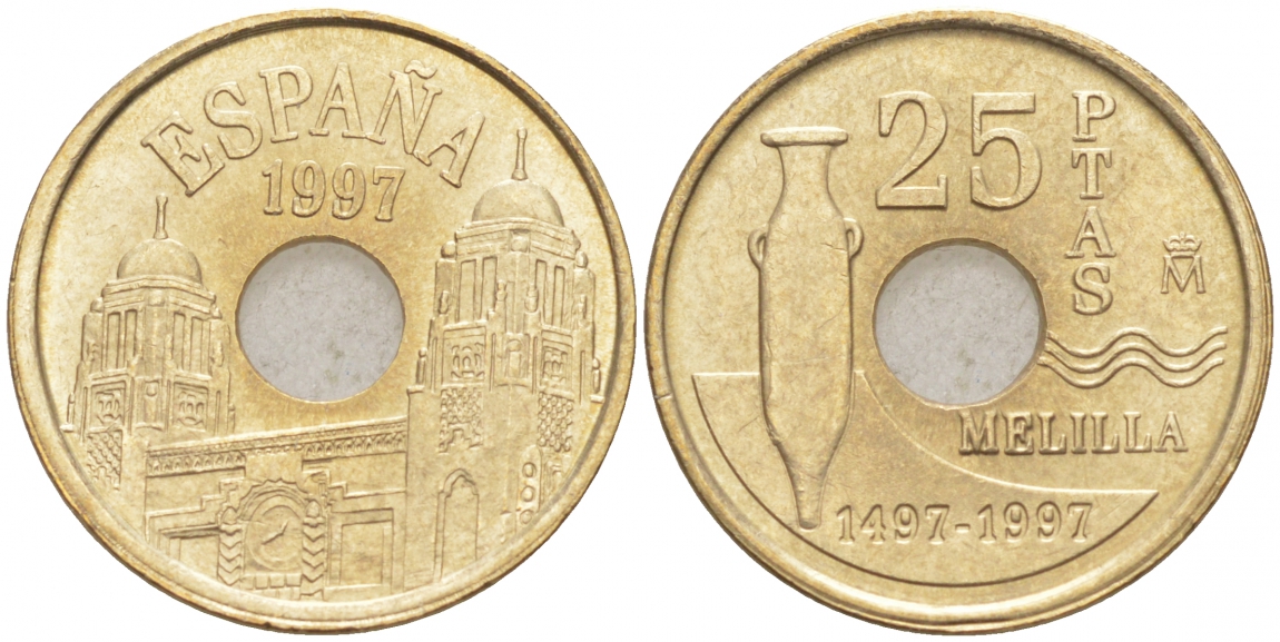 Испания 25 песет 1997 Мелилья (Melilla), Хуан Карлос I (1975-2014) KM 983 латунь 4549-933