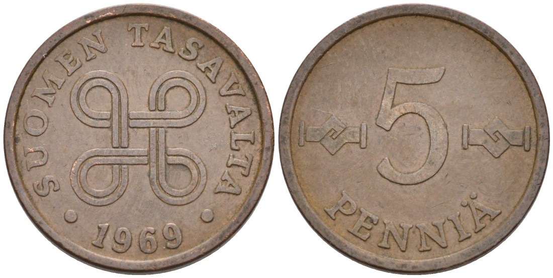 ФИНЛЯНДИЯ 5 ПЕННИ 1969 KM 45 медь 4528-1219