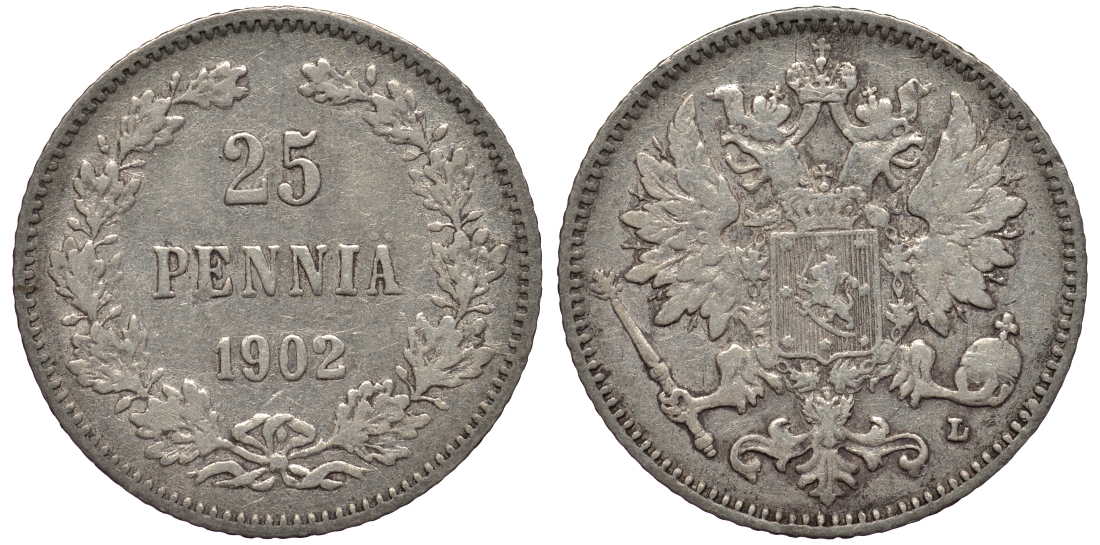 РОССИЯ ДЛЯ ФИНЛЯНДИИ 25 ПЕННИ 1902 L, НИКОЛАЙ II KM 6.2, Биткин 413 серебро 443-833