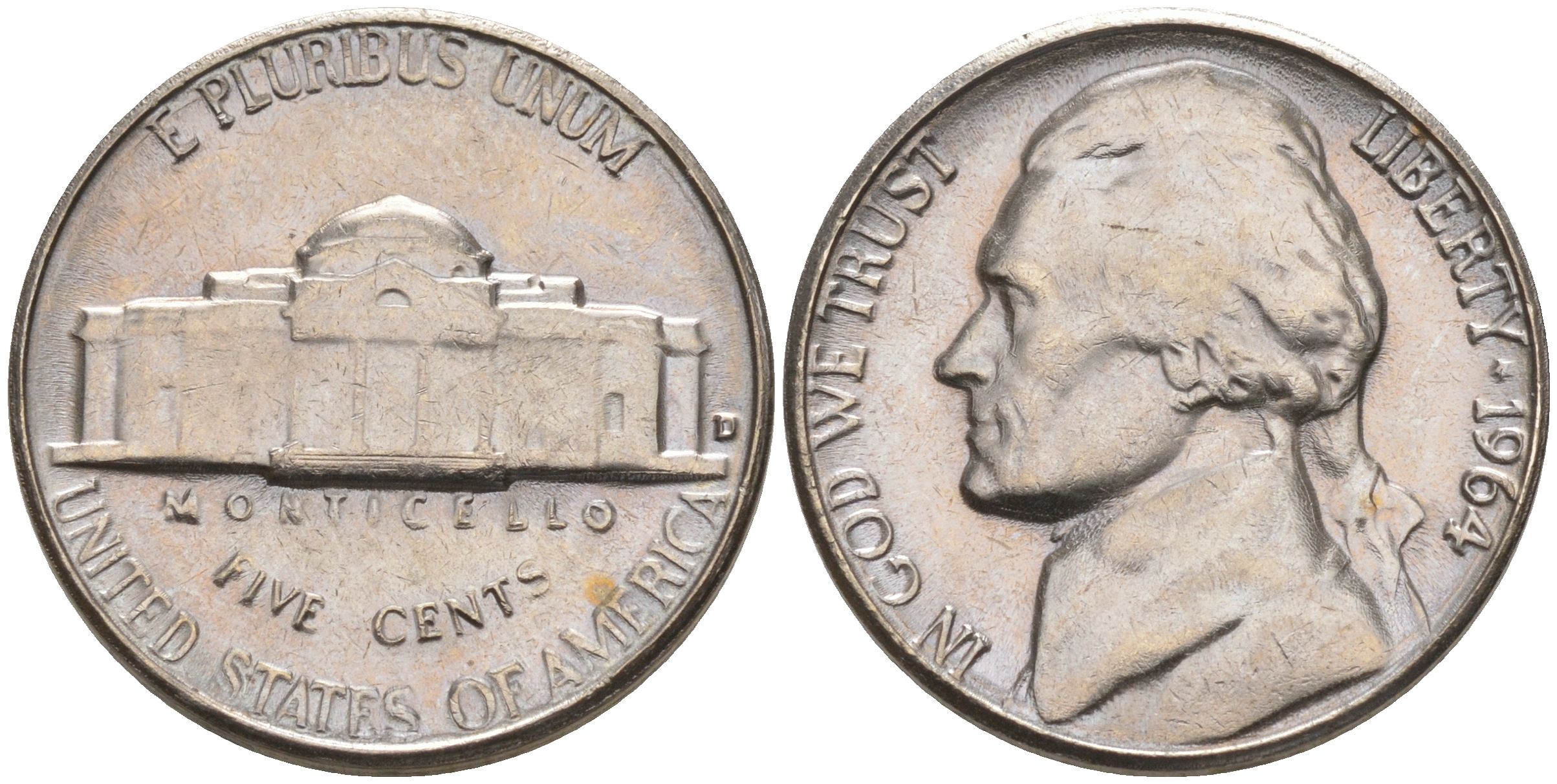 США 5 центов 1964 D, Джефферсон KM А192 медно-никель 106-347