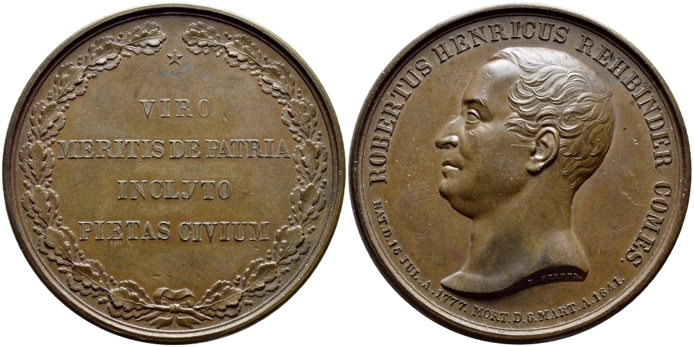 Россия медаль 1841 на смерть графа Роберта Генриховича Ребиндера, 50,45 мм., 68,87 гр Дьяков 564.1 R1 бронза 02-013-21-3