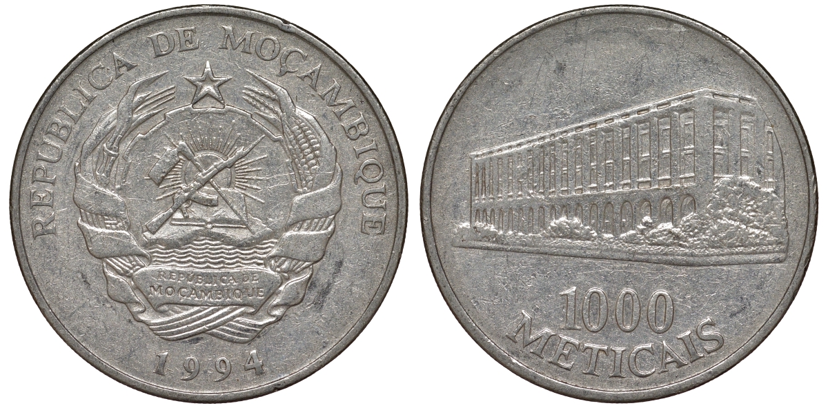 Мозамбик 1000 метикалей 1994 KM 122 никелированная сталь 4162-732