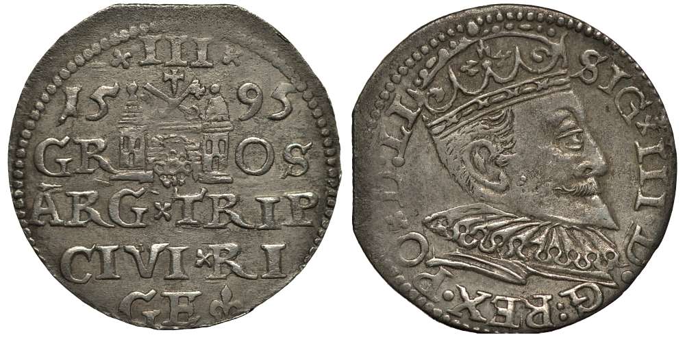 Латвия, Рига 3 ГРОША (ТРОЯК) 1595 GE, СИГИЗМУНД III (1587-1632), ВЕС 2,26 ГР. серебро 413-2444