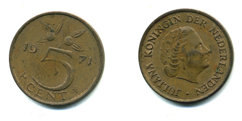 НИДЕРЛАНДЫ 5 ЦЕНТОВ 1971 ЮЛИАНА KM 181 бронза 76-442