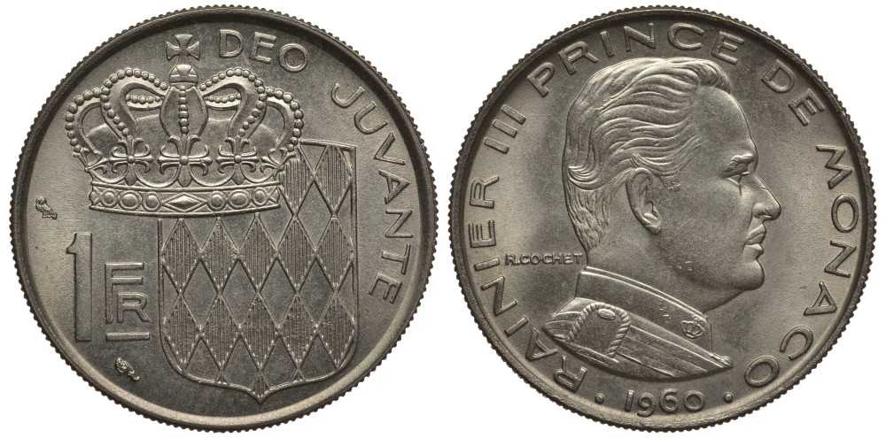 Монако 1 франк 1960 Ренье III (1949-2005) KM 140 никель 113-823