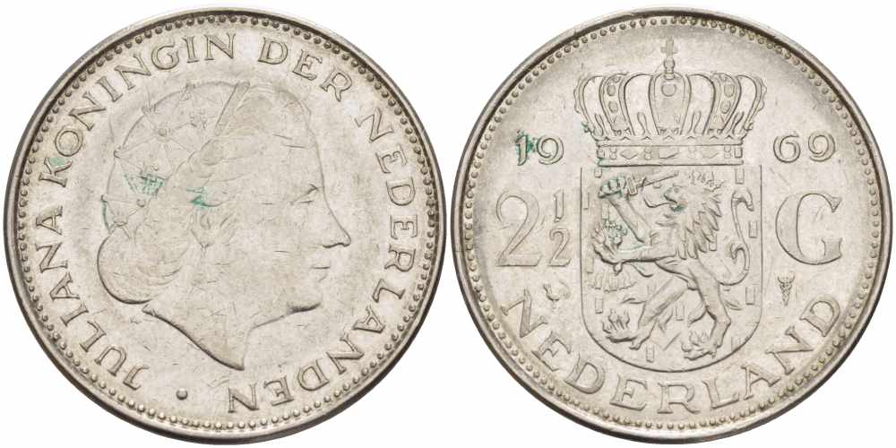 Нидерланды 2 1/2 гульдена 1969 Юлиана (1948-1980) KM 191 никель 38-542