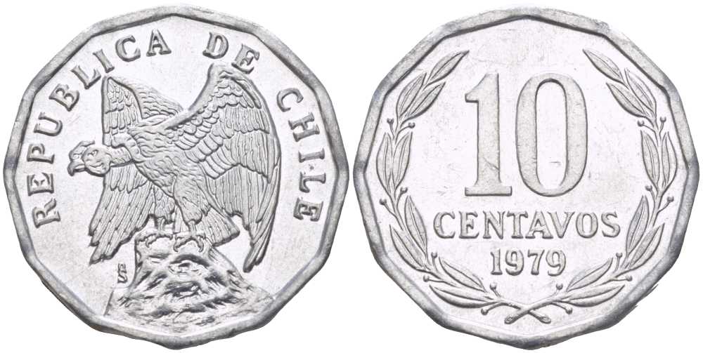 Чили 10 сентаво 1979 KM 205a алюминий 4402-431