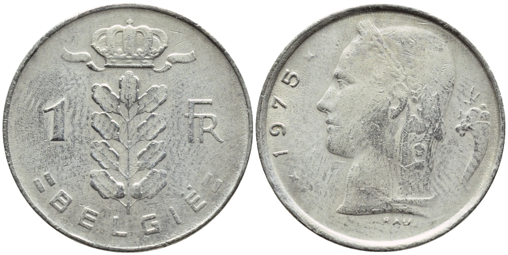 Бельгия 1 франк 1975 Belgie, Бодуэн I (1951-1993) KM 143.1 медно-никель 4382-1051