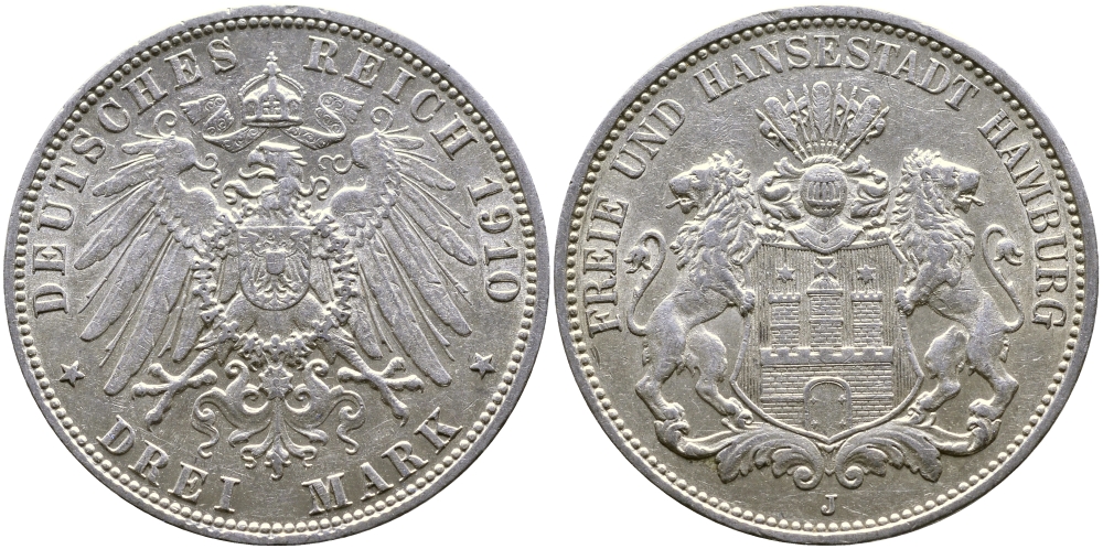ГАМБУРГ 3 МАРКИ 1910 J KM 296, J.64, Weege 63 серебро 58-1045