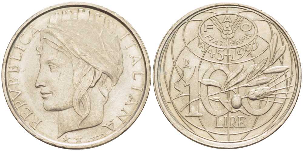 ИТАЛИЯ 100 ЛИР 1995 50 ЛЕТ FAO KM 180 медно-никель 113-1235