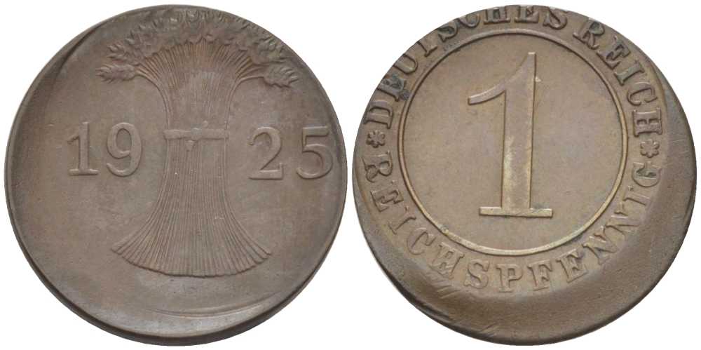 ГЕРМАНИЯ 1 РЕЙХСПФЕННИГ 1925 E, БРАК ЧЕКАНА, СМЕЩЕНИЕ KM 37, J. 313, Weege 2 бронза 206-822