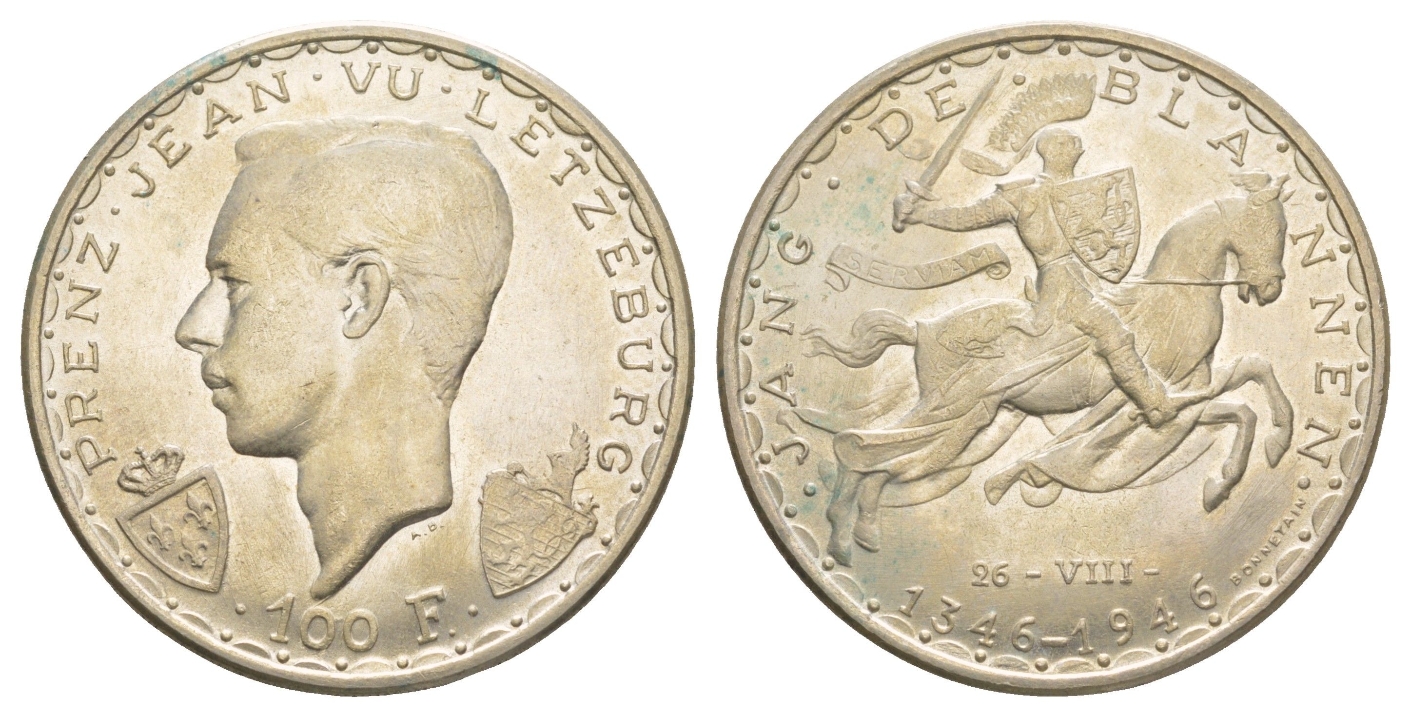 Люксембург 100 франков 1946 600 лет со дня смерти Иоганна Люксембургского KM 49 серебро 413-4631