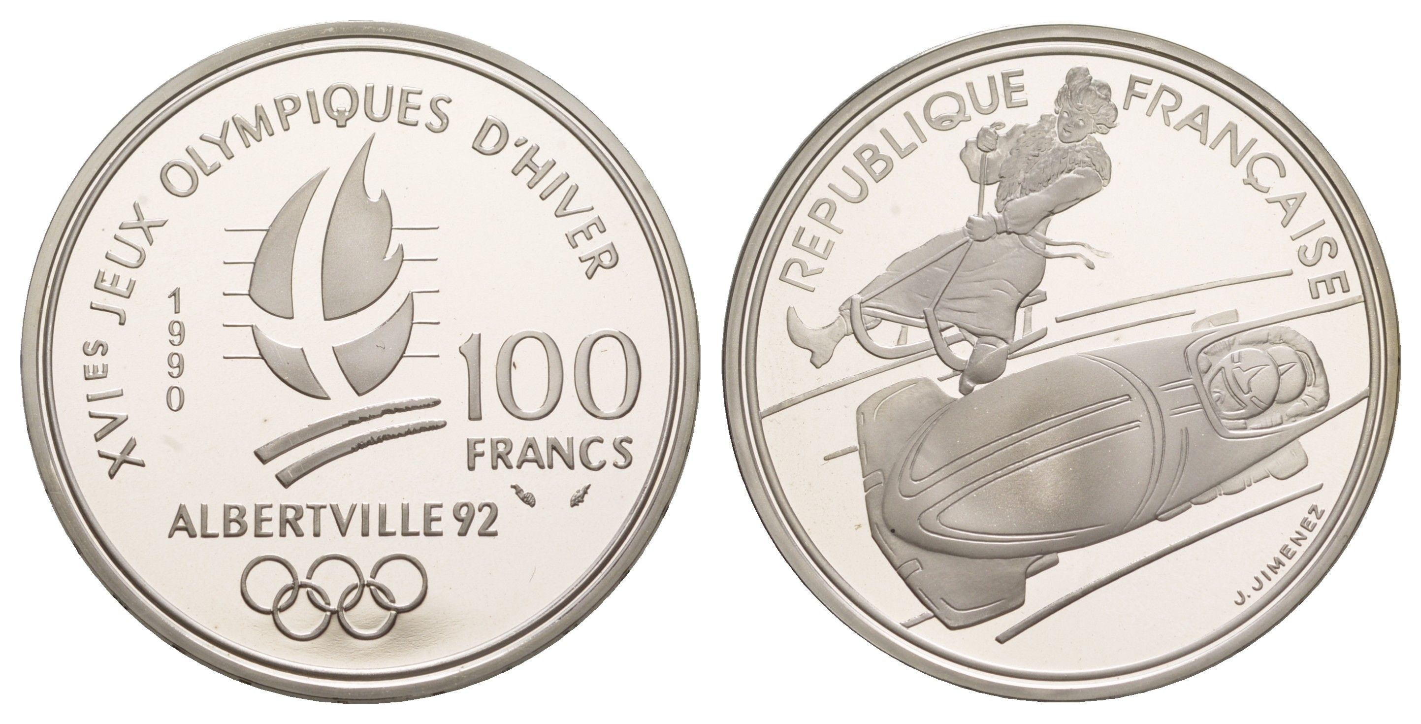 Франция 100 франков 1990 XVI зимние Олимпийские Игры, Альбервиль 1992 - Бобслей KM 981 серебро PROOF 1079-9-23